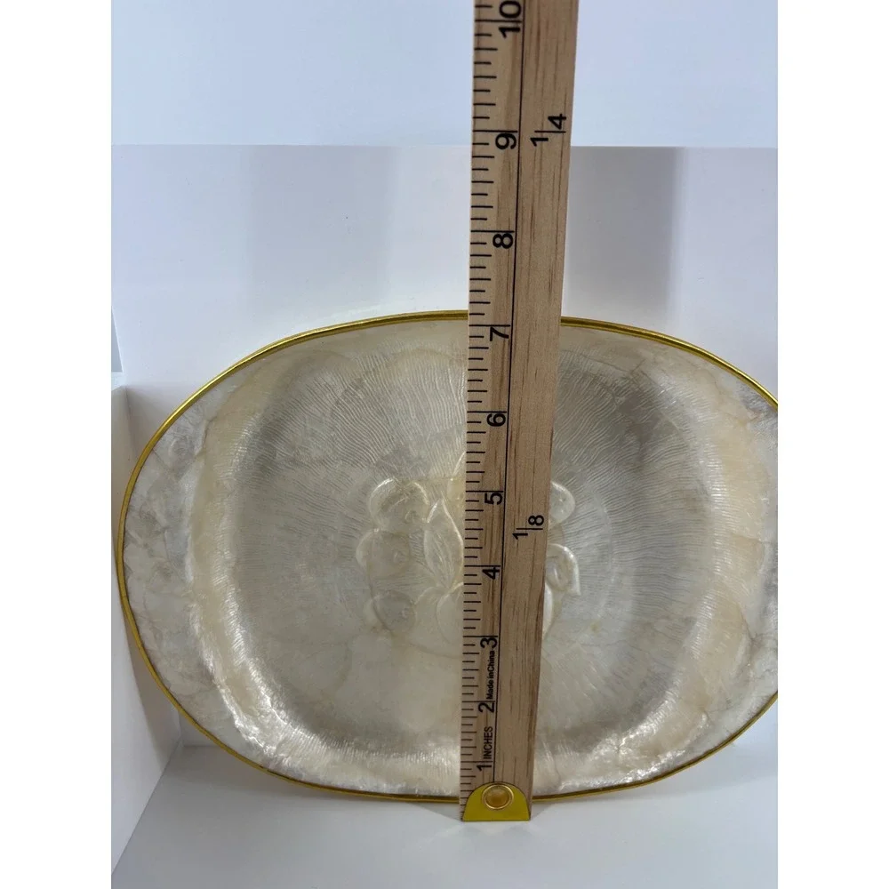 Vintage Capiz Shell Tray Set Gold Rim Iridescent Fruit Embossed 2 Piece